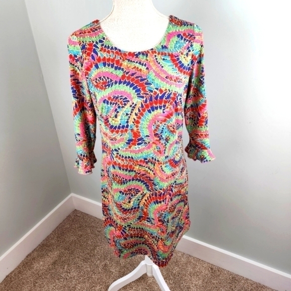 Joy Joy Colorful Geometrical Long Sleeve Midi Dress Scoop Neck Open Back Size XS - Picture 1 of 8